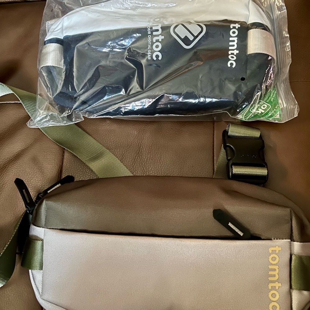 Tomtoc tan and olive & white and navy sling Belt Bags